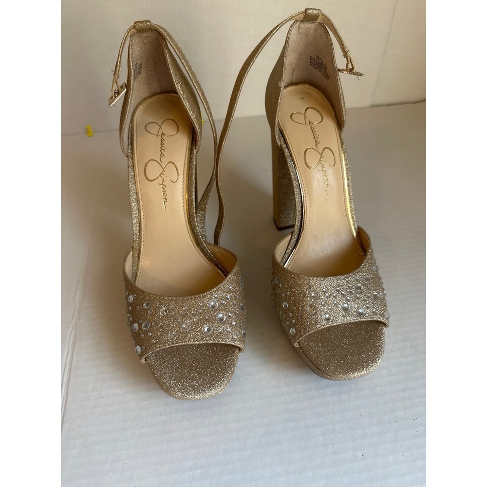 Jessica Simpson Palyn2 Gold Glitter Rhinestone Platform Heels Size 8.5